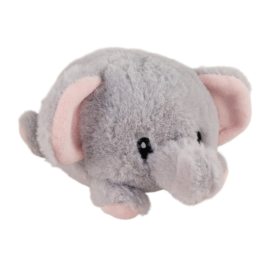 Plush elephant toy with pink inner ears on a white background