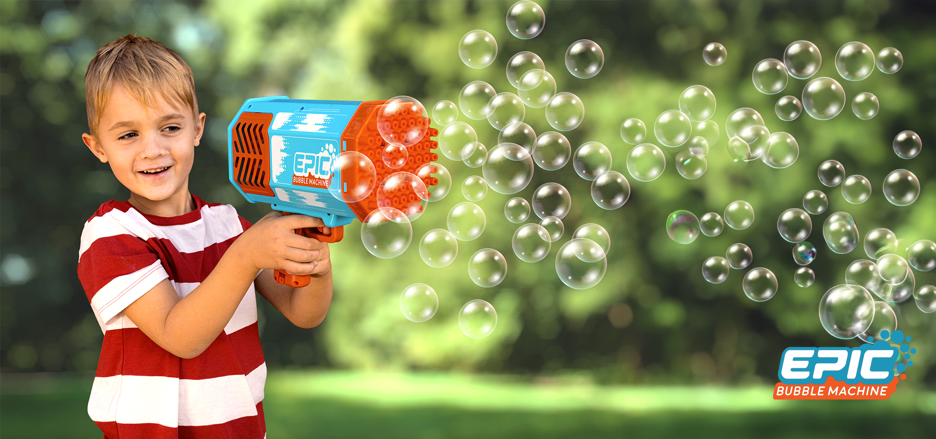 boy playing using epic bubble machine