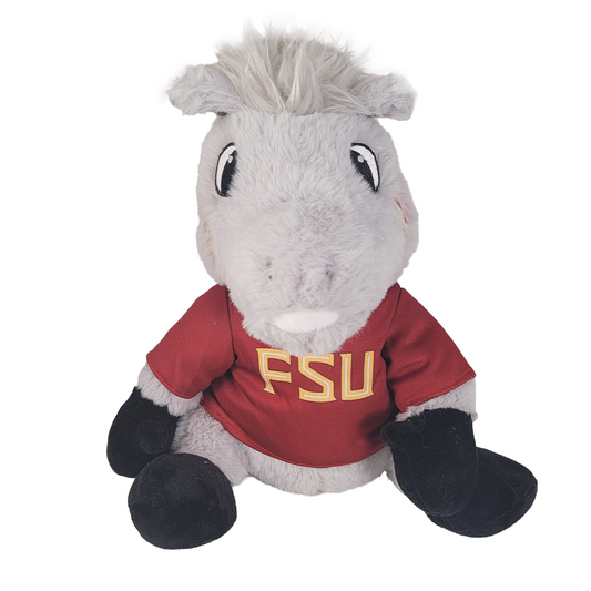 Plush toy horse wearing a red shirt with 'FSU' on a white background