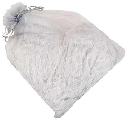 gray plush heart in organza bag