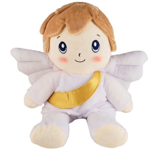 Plush toy boy angel with brown hair, white wings, and a gold sash on a white background