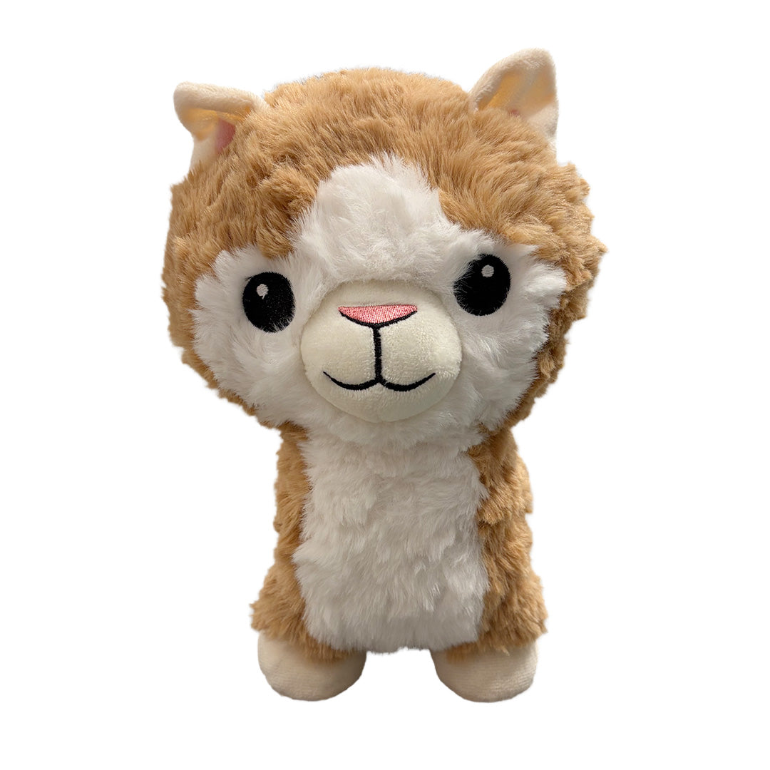 Plush toy resembling a brown and white llama on a white background