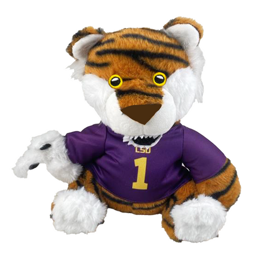 Plush tiger toy wearing a LSU jersey on a white background