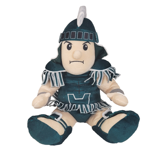 Plush toy resembling a warrior in green armor on a white background