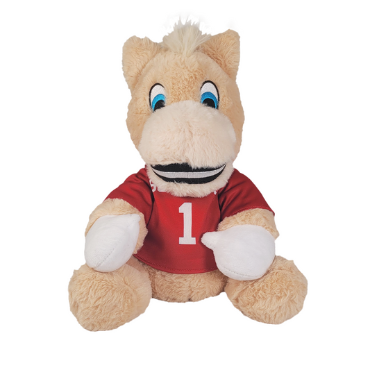 Plush toy horse with a red shirt featuring the number 1 on a white background