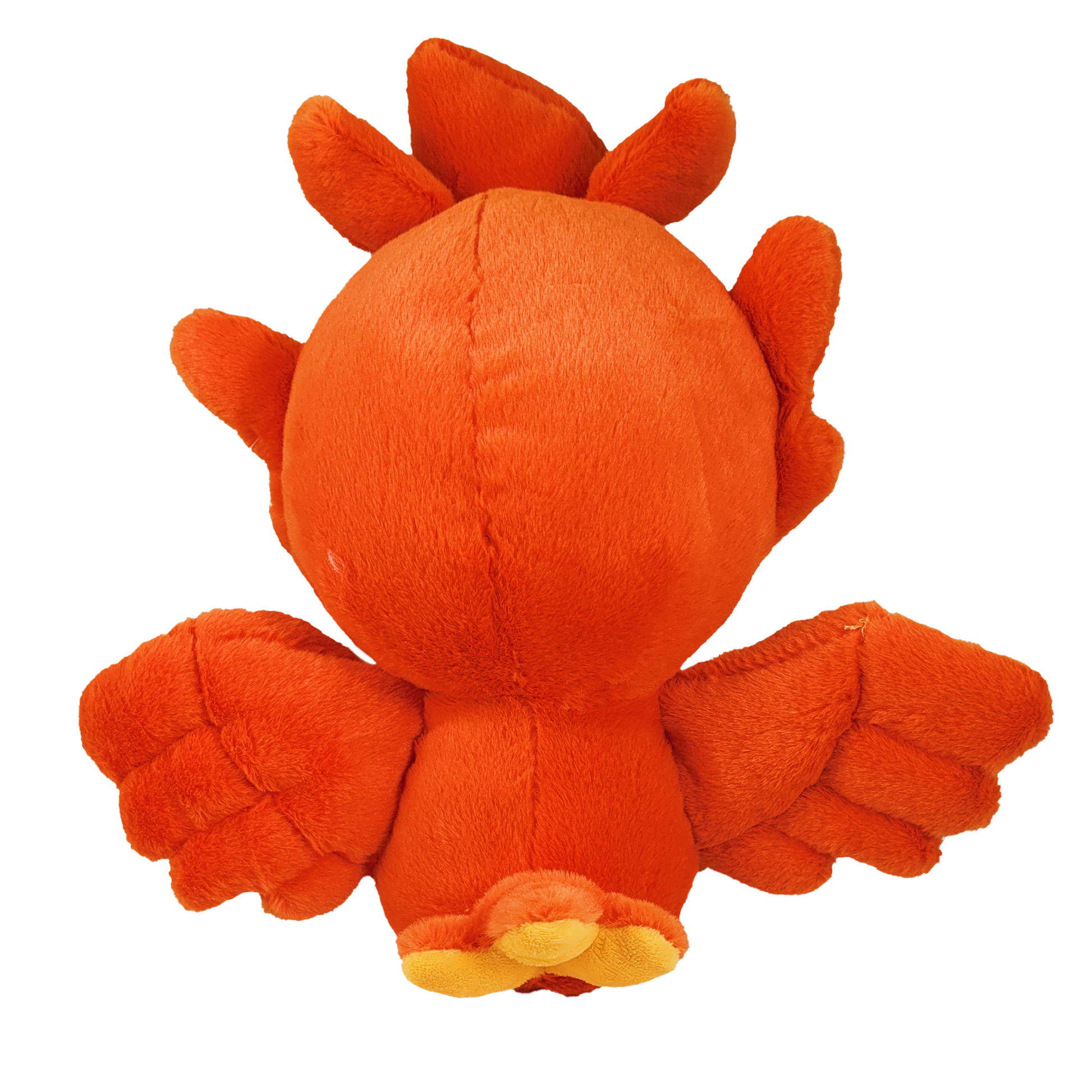 back of phoenix plush phoenix toy with orange and yellow colors on a white background