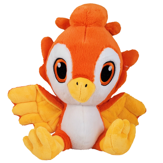 Front of phoenix plush phoenix toy with orange and yellow colors on a white background