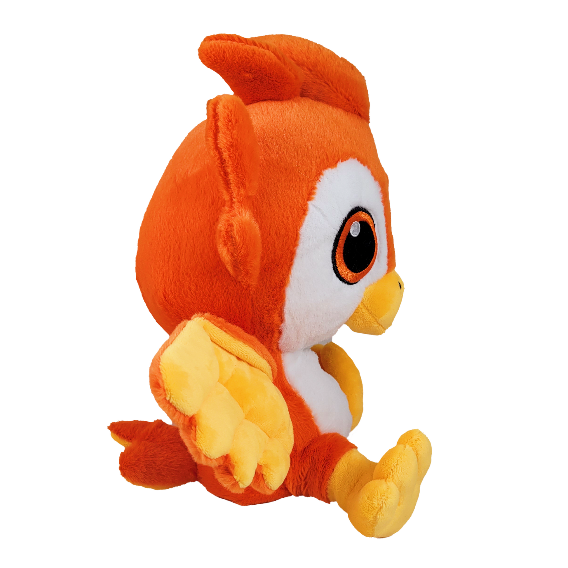side of phoenix plush phoenix toy with orange and yellow colors on a white background
