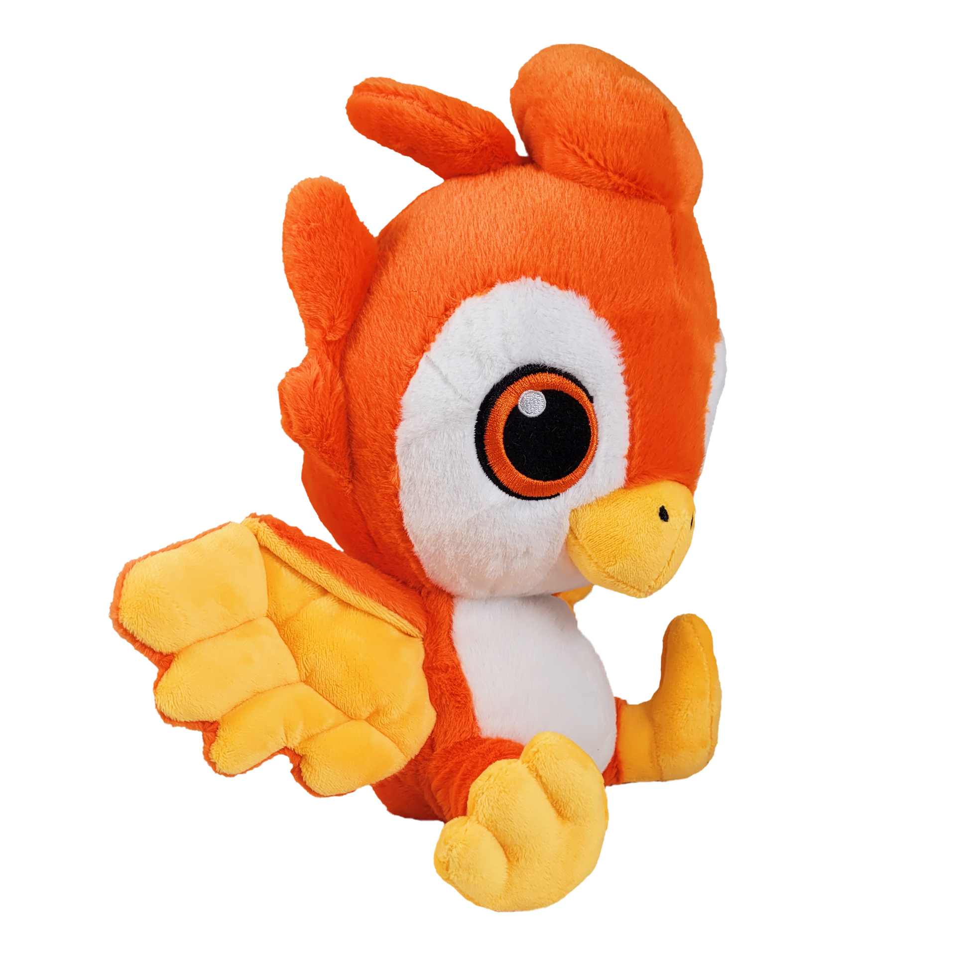 1/4 view of phoenix plush phoenix toy with orange and yellow colors on a white background