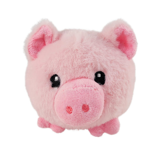 Front of pink plush pig toy on a white background