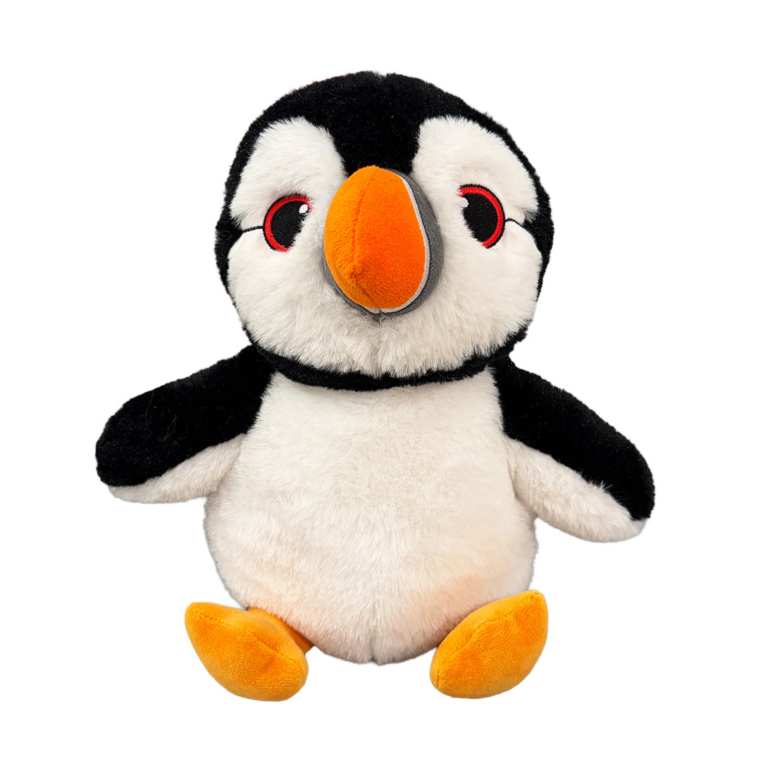 Front of plush toy puffin with an orange beak and feet on a white background