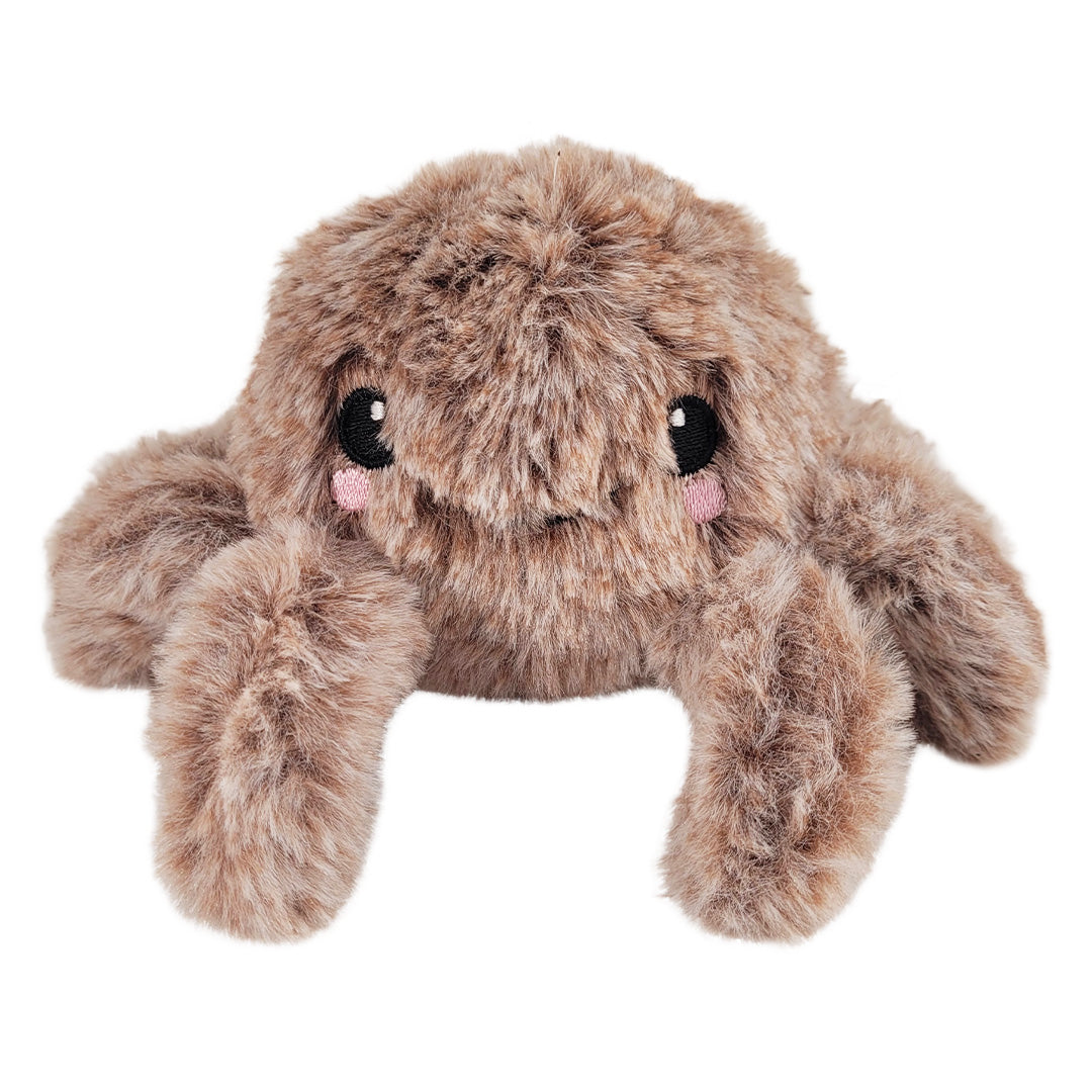 Plush toy resembling a spider with a brown and beige color scheme on a white background