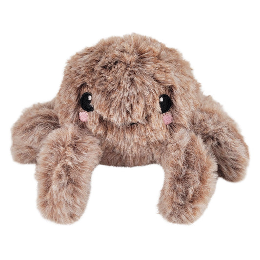 Plush toy resembling a spider with a brown and beige color scheme on a white background