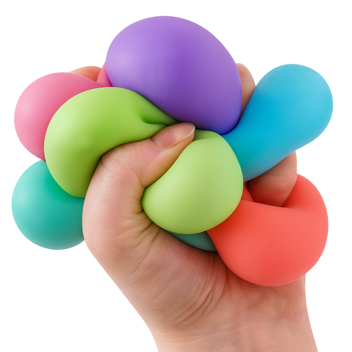 colorful squishy cubes squished in a hand