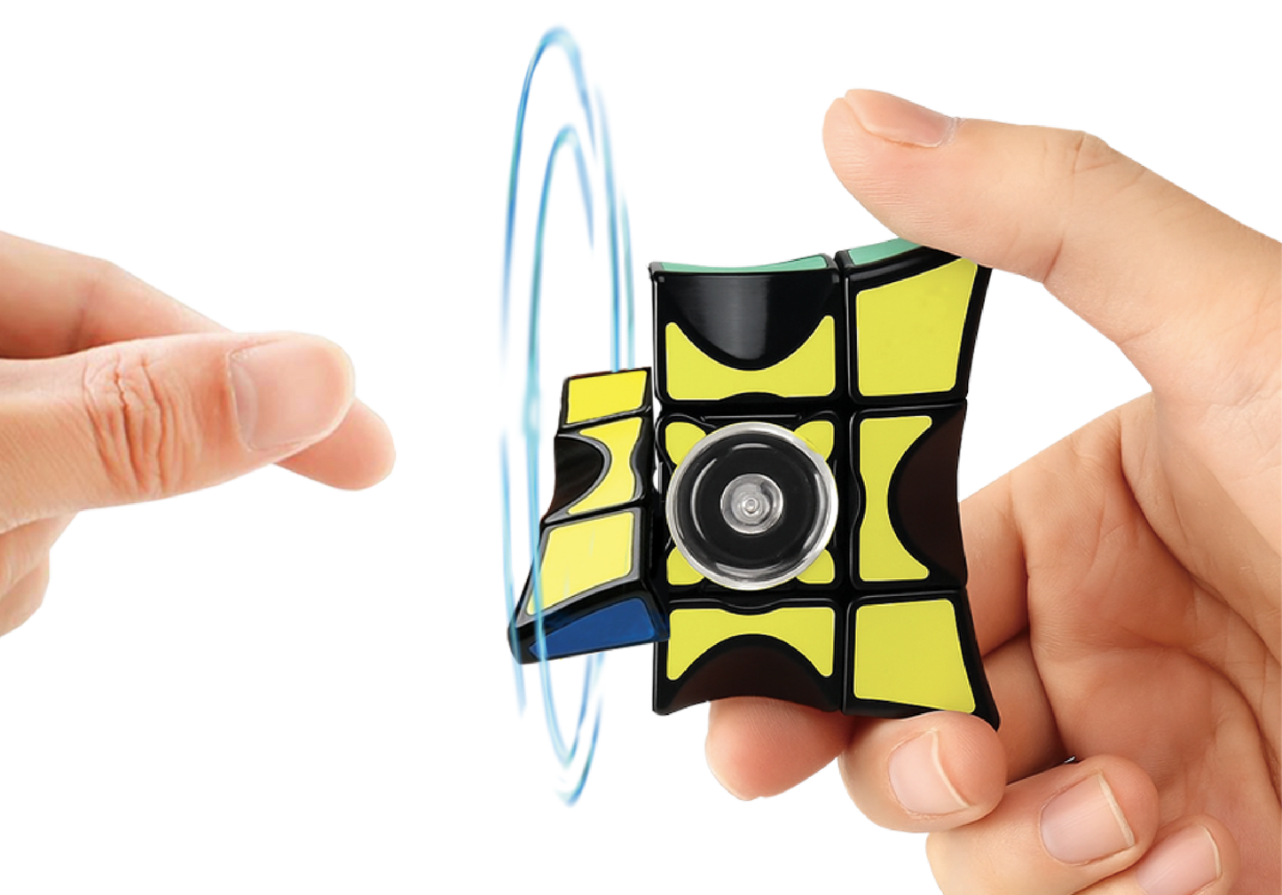 Fidget spinner held between two hands with a white background