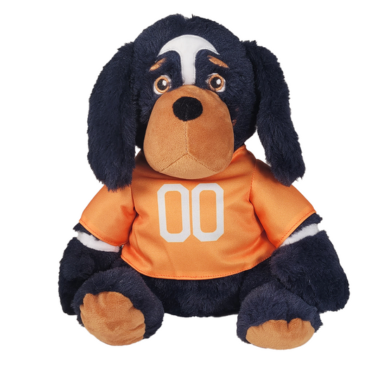 Plush blue dog toy with an orange jersey featuring the number 00 on a white background