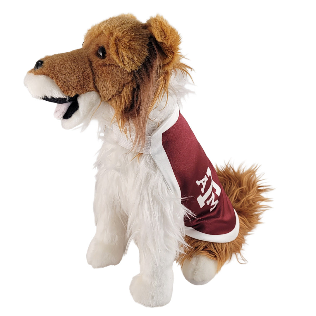 Dog plush toy of the Texas A&M mascot on a white background.