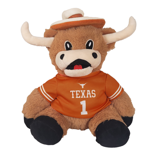 Plush toy longhorn wearing an orange shirt with 'Texas' and number '1' on a white background