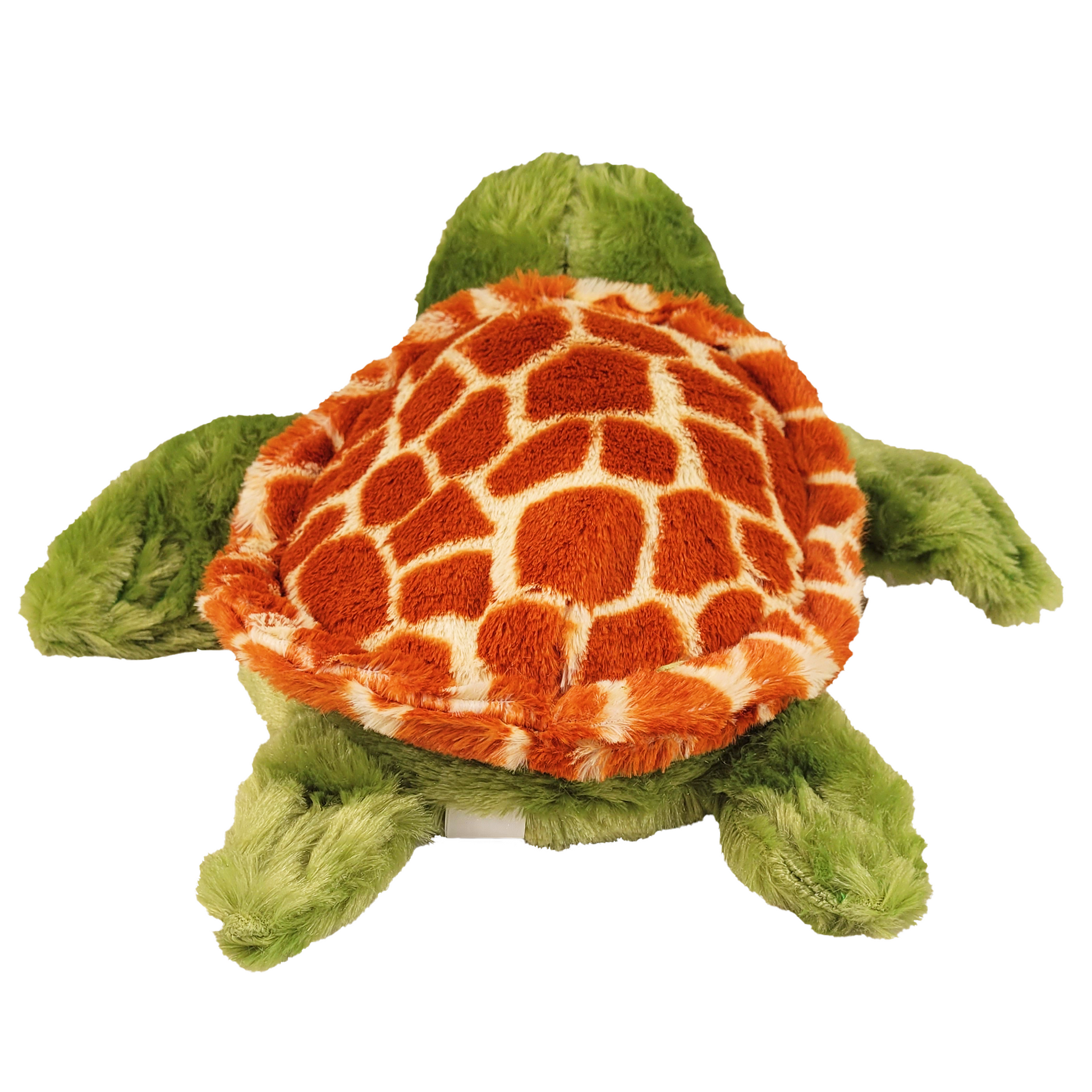 Back of plush green turtle with orange shell pattern on a white background