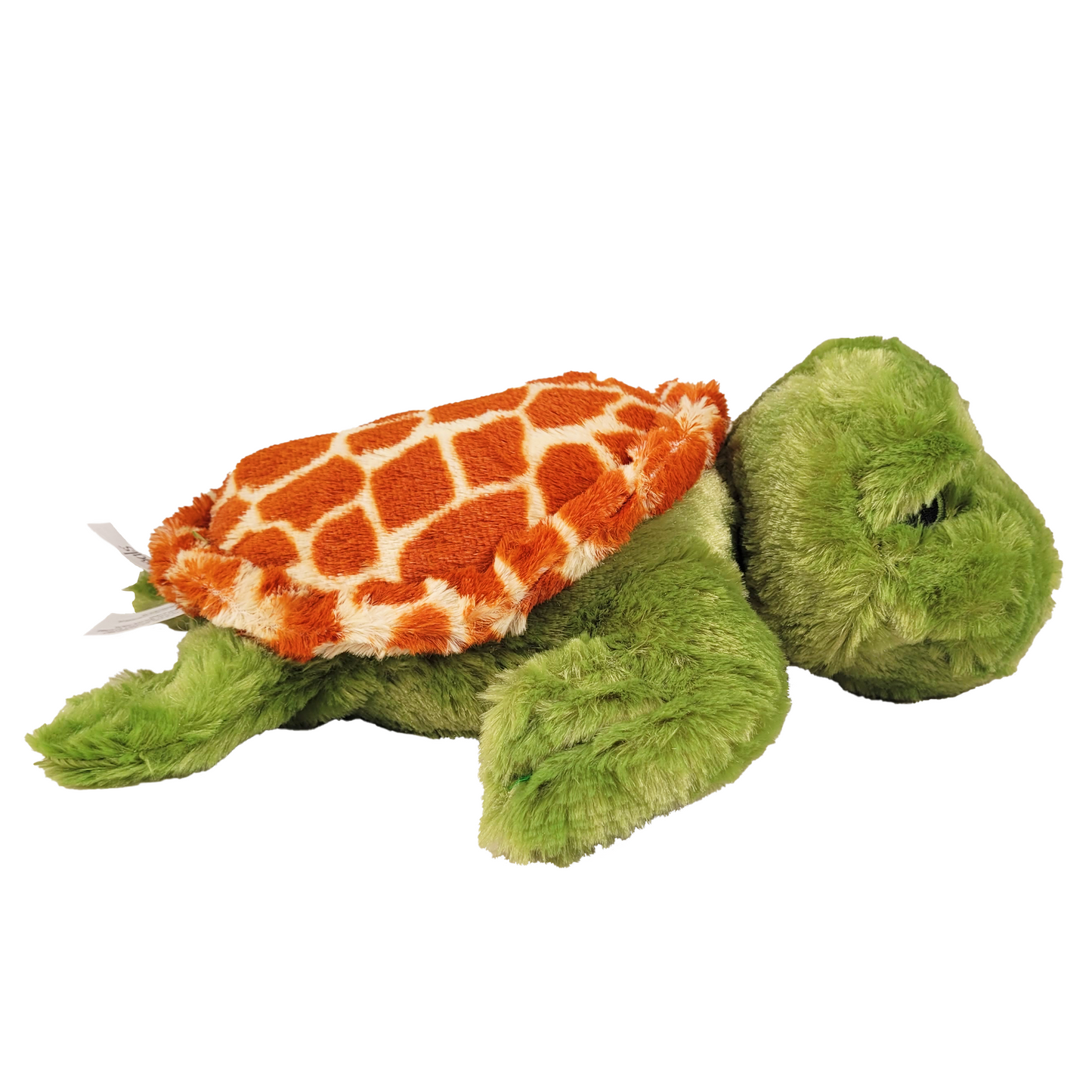 Side off plush green turtle with a orange shell on a white background