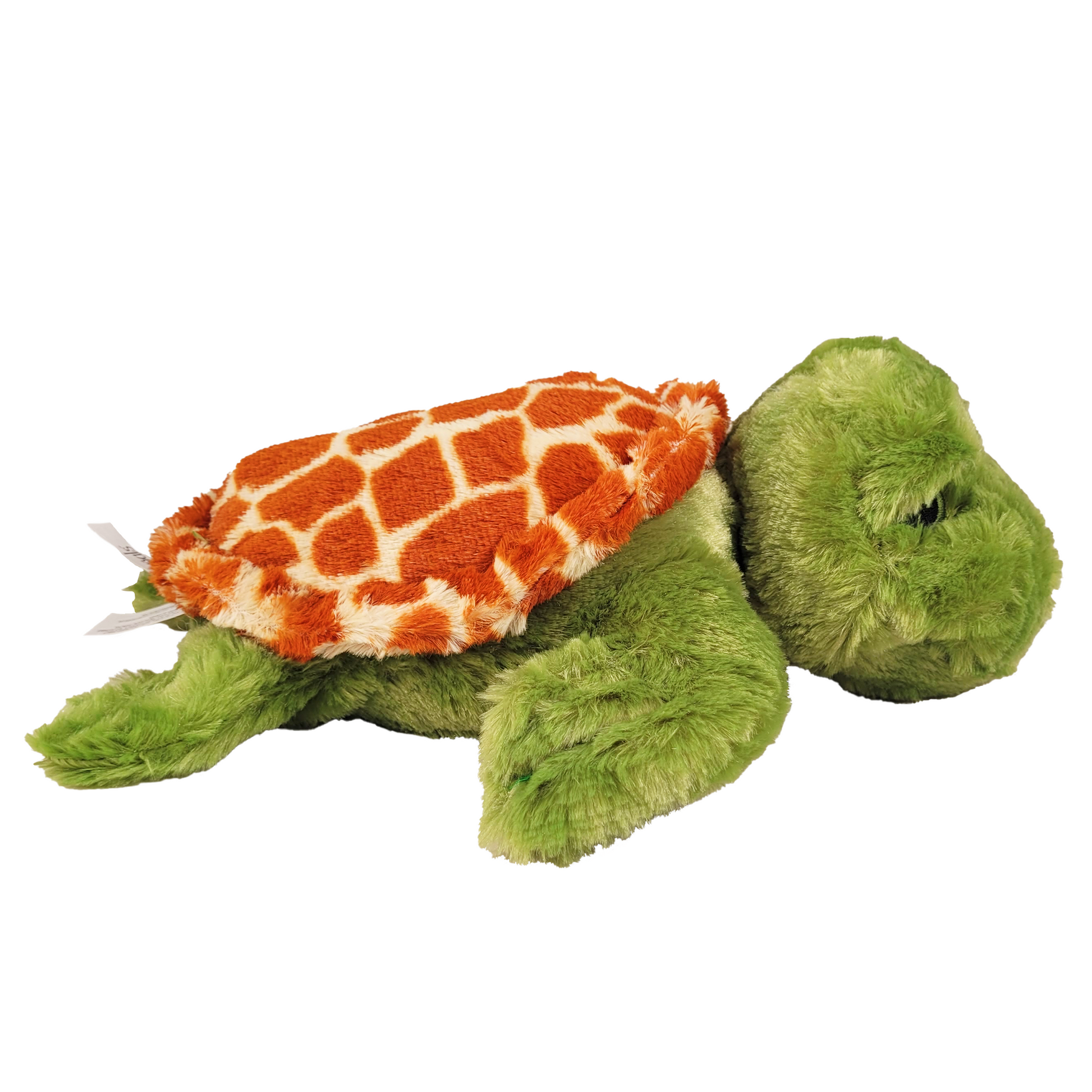Side off plush green turtle with a orange shell on a white background