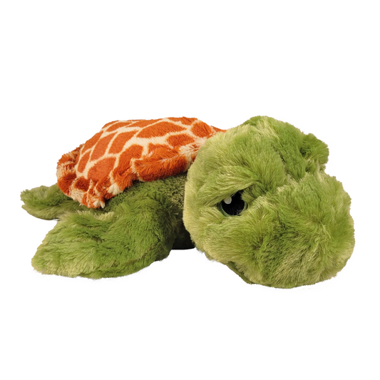 Front of green plush turtle with an orange shell on a white background