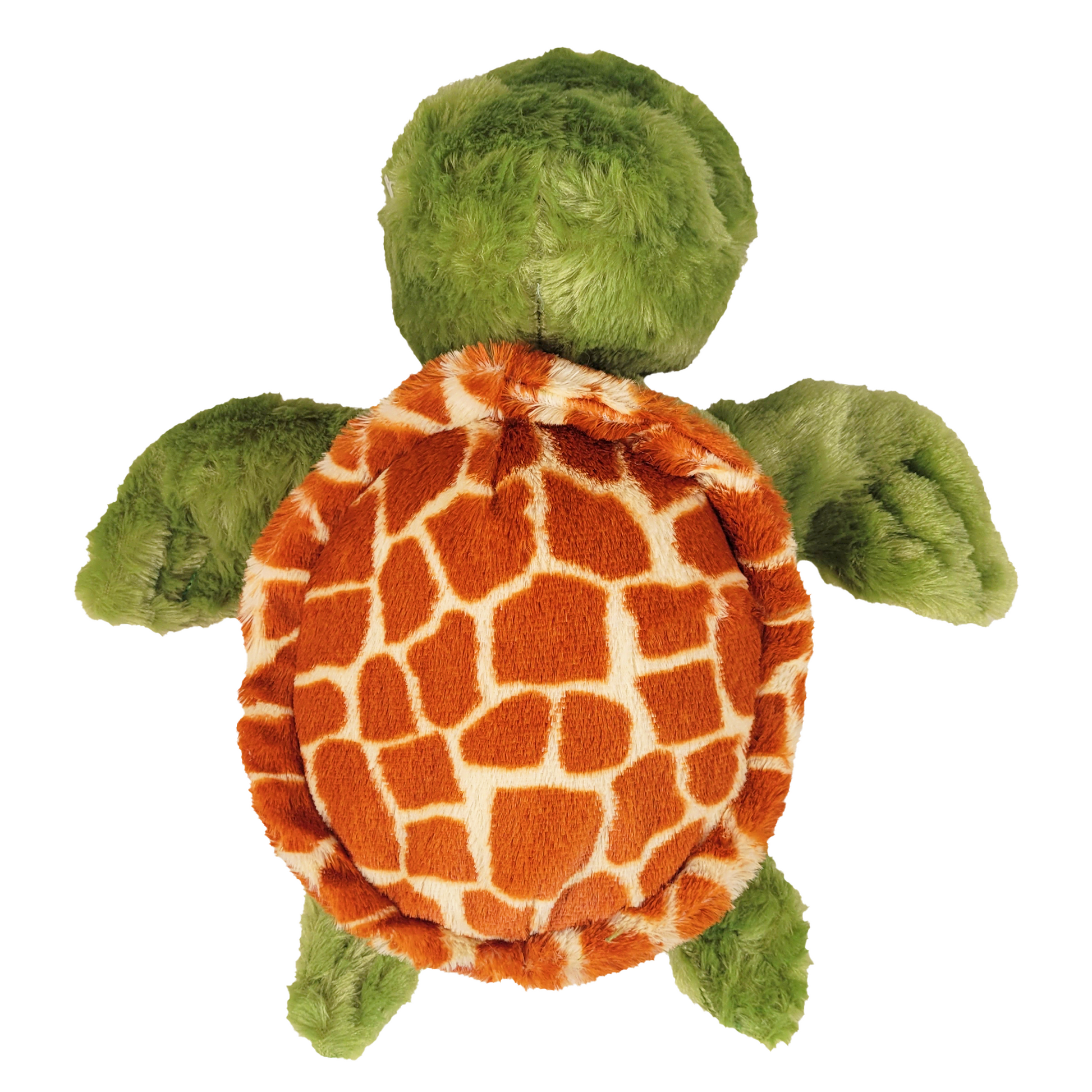 Top of plush green turtle toy orange shell on a white background