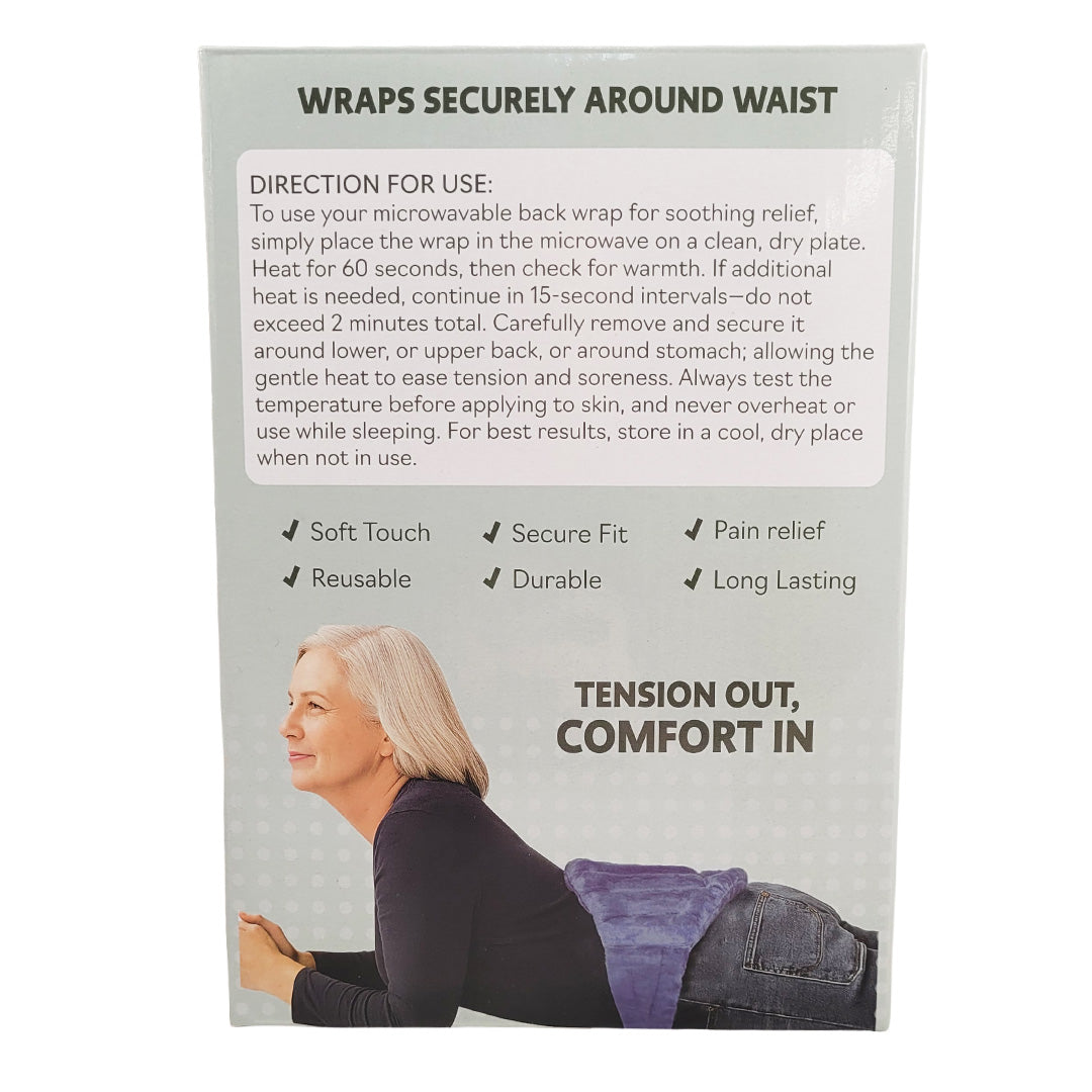 Back of packaging for ultimate body wrap with directions for use and woman using the wrap on the box on a white background.