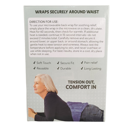 Back of packaging for ultimate body wrap with directions for use and woman using the wrap on the box on a white background.
