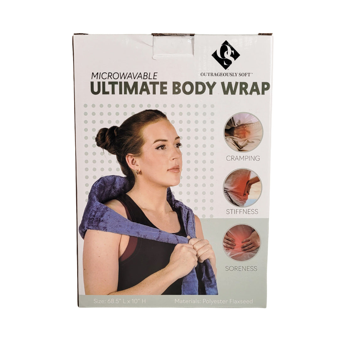 Front of box of a microwavable ultimate body wrap with a woman using it on her shoulder.