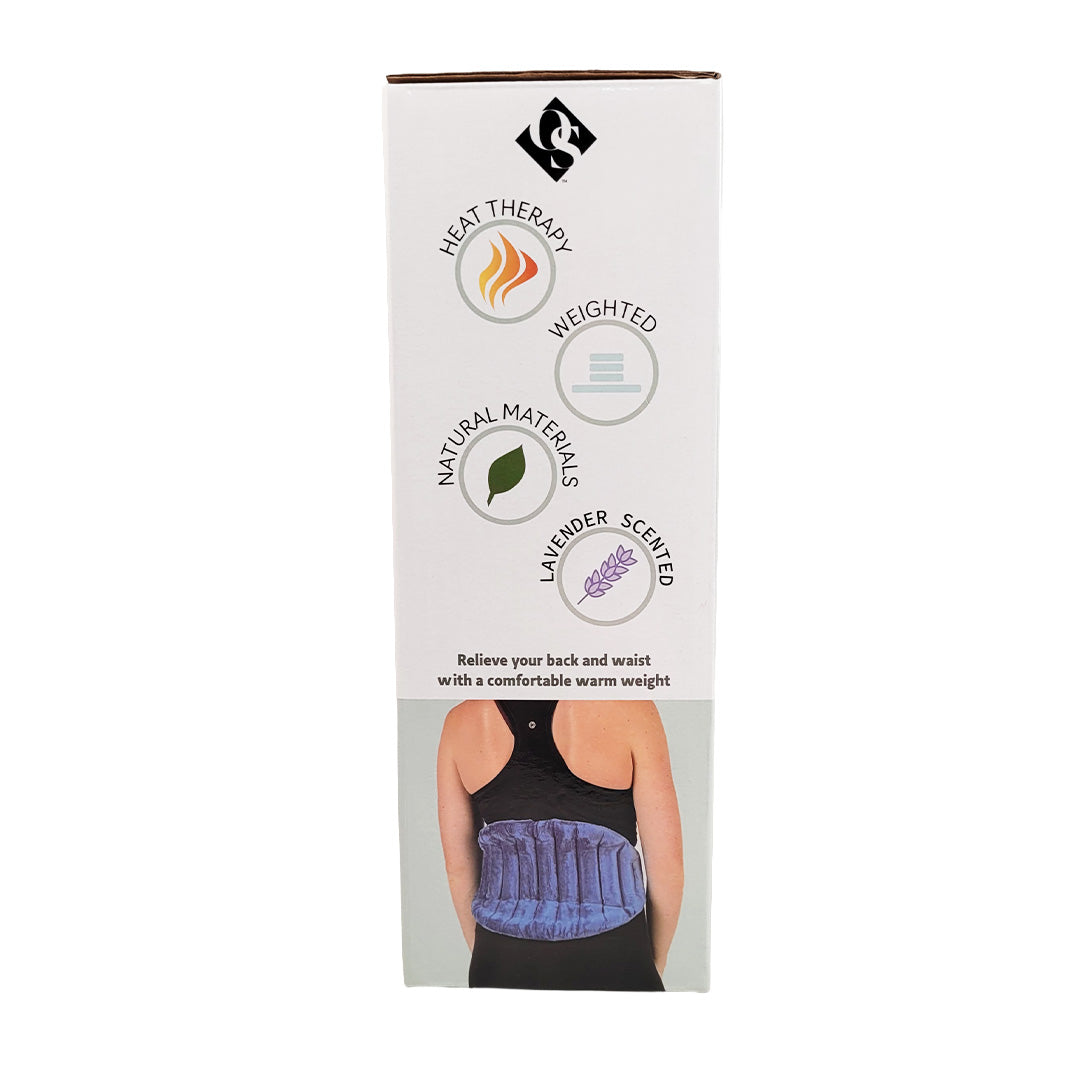 Side of ultimate body wrap with image of woman wearing it and icons on the box on a white background.