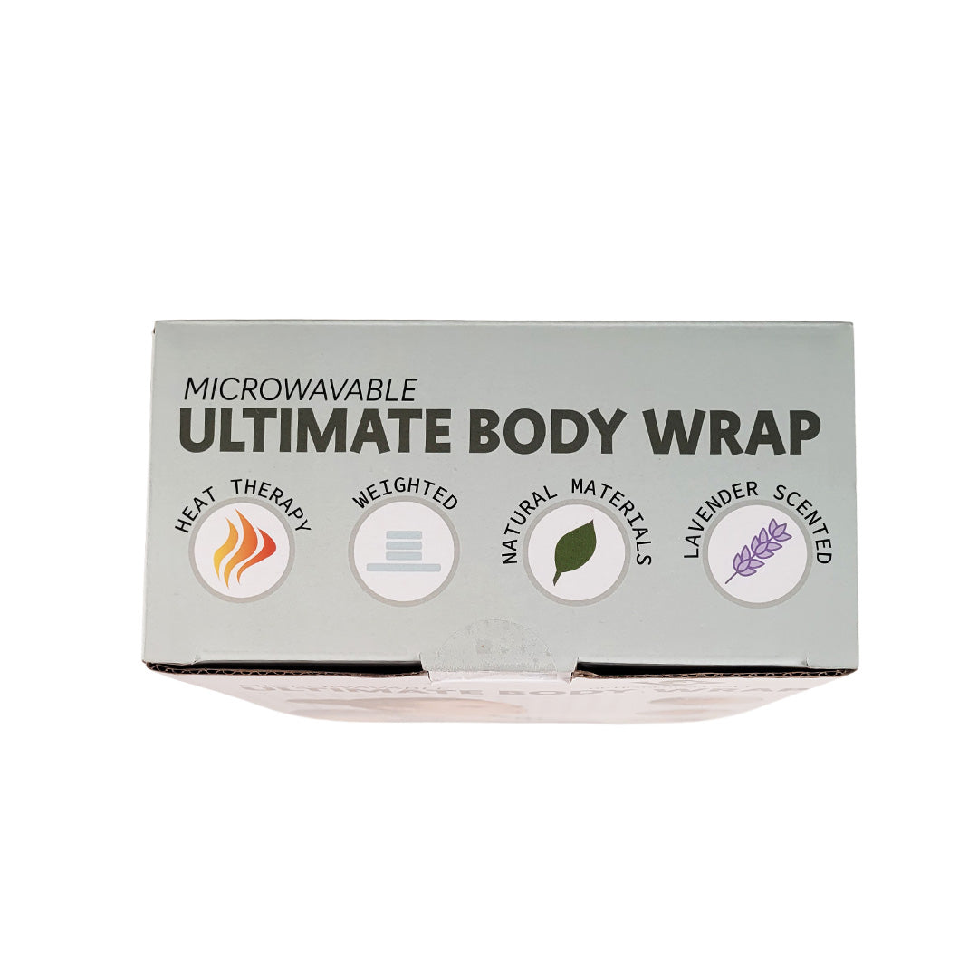 Top of box of a microwavable ultimate body wrap with icons and text on a white background