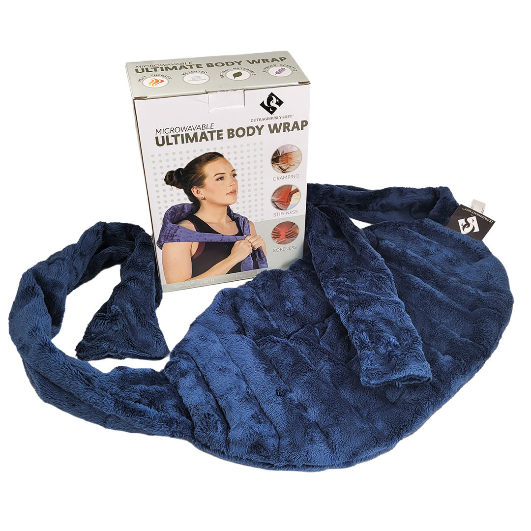 Blue microwavable body wrap with packaging box on a white background