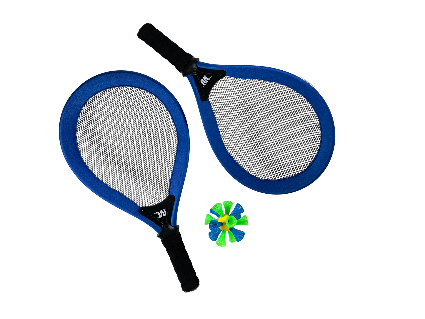 Two blue and black tennis rackets with a green and blue birdie ball on a white background