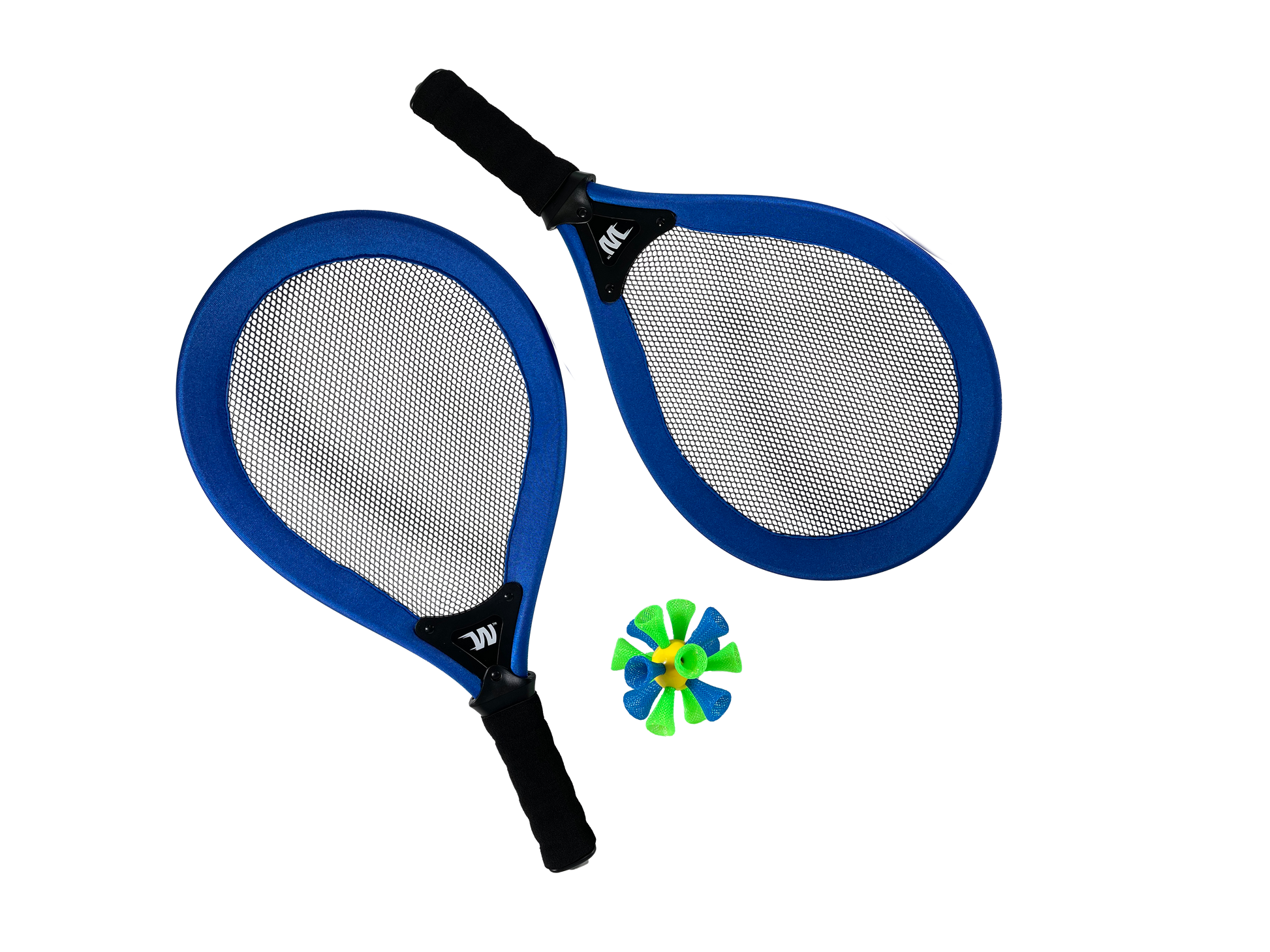 Two blue and black tennis rackets with a green and blue birdie ball on a white background
