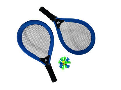 Two blue and black tennis rackets with a green and blue birdie ball on a white background