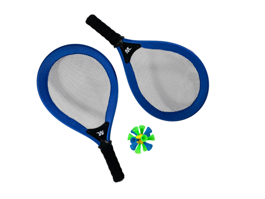Two blue and black tennis rackets with a green and blue birdie ball on a white background